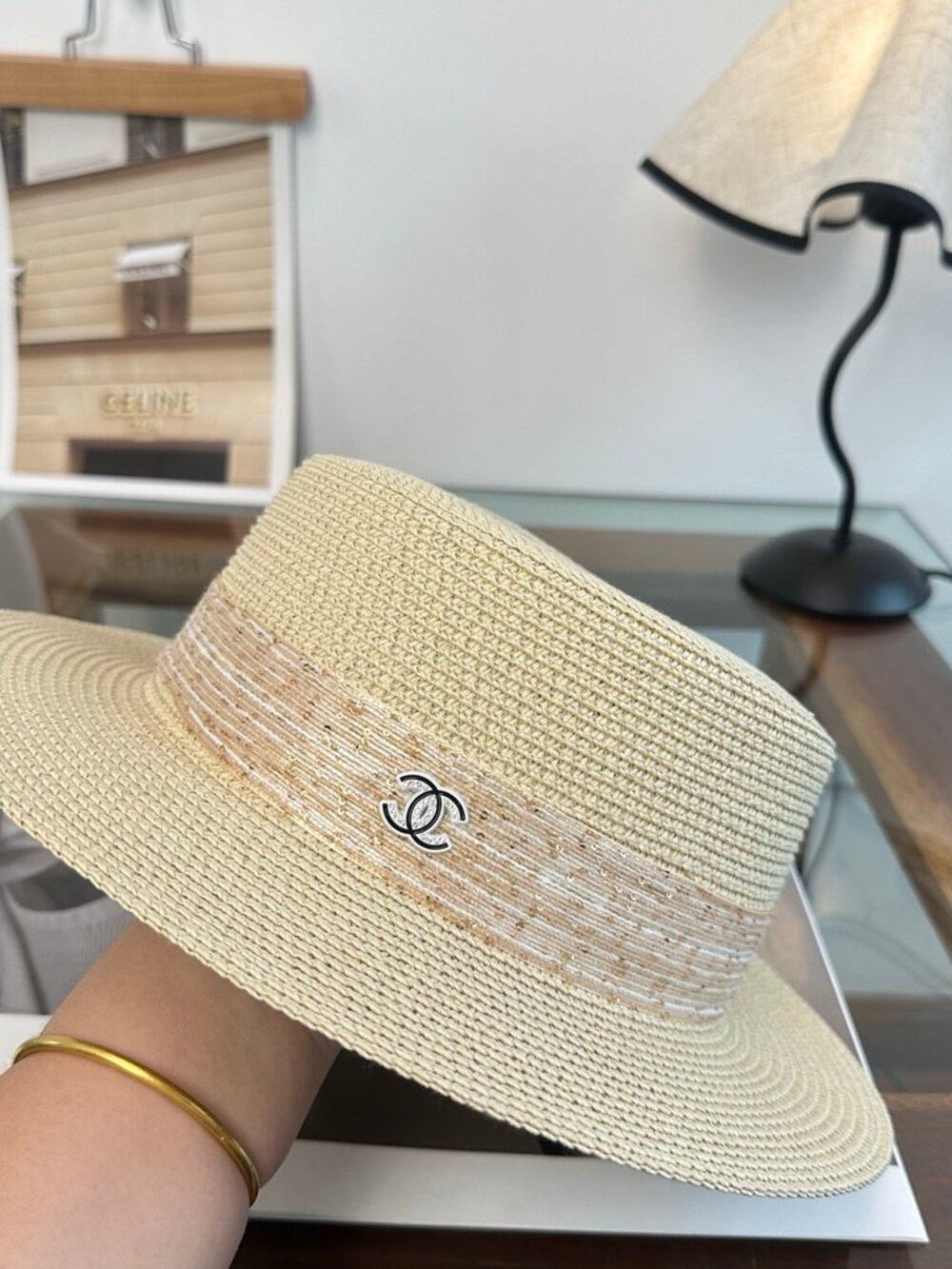 Chanel Beige Straw Wide Brim Sun Hat Glitter Band Embroidered CC Logo Summer Hat
